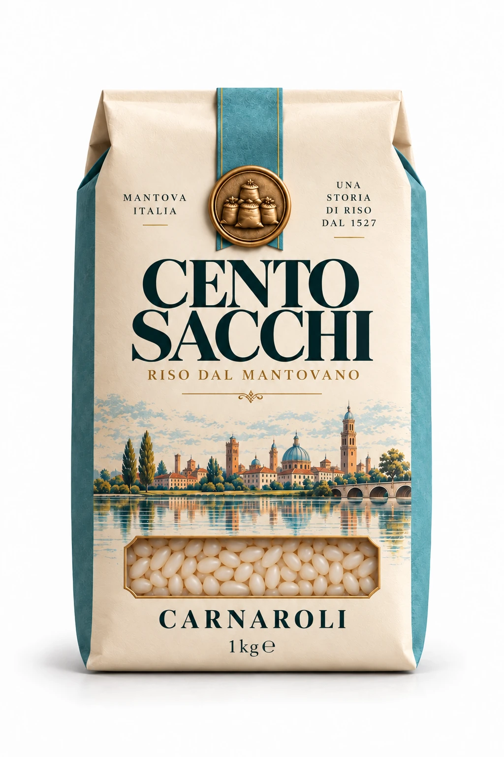 Anteprima della nuova confezione Cento Sacchi Carnaroli 1 kg: avorio, lati e linguetta azzurro turchese, sigillo in ottone