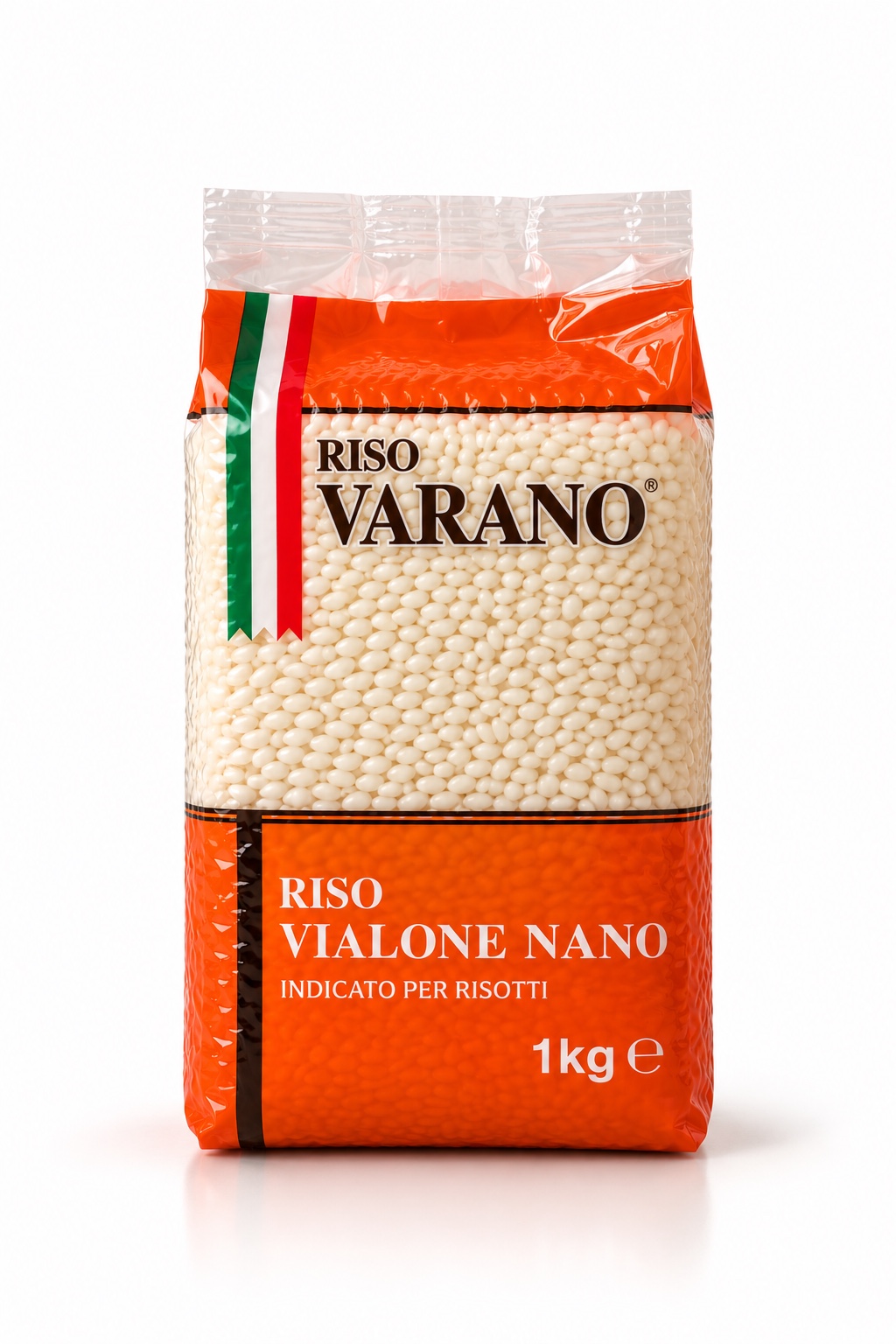 Riso Varano Vialone Nano da 1 kg, confezione arancione e trasparente disponibile ora, su sfondo bianco